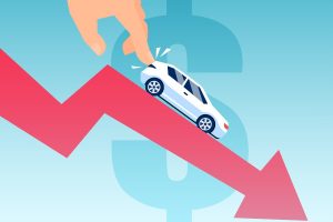 Vector of a man pushing down a car on a financial graph.