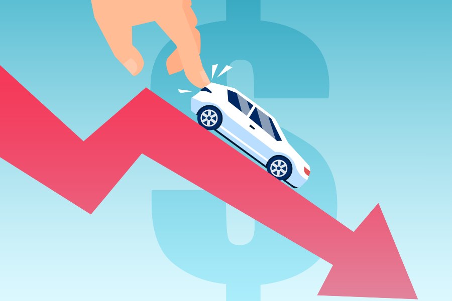Vector of a man pushing down a car on a financial graph.