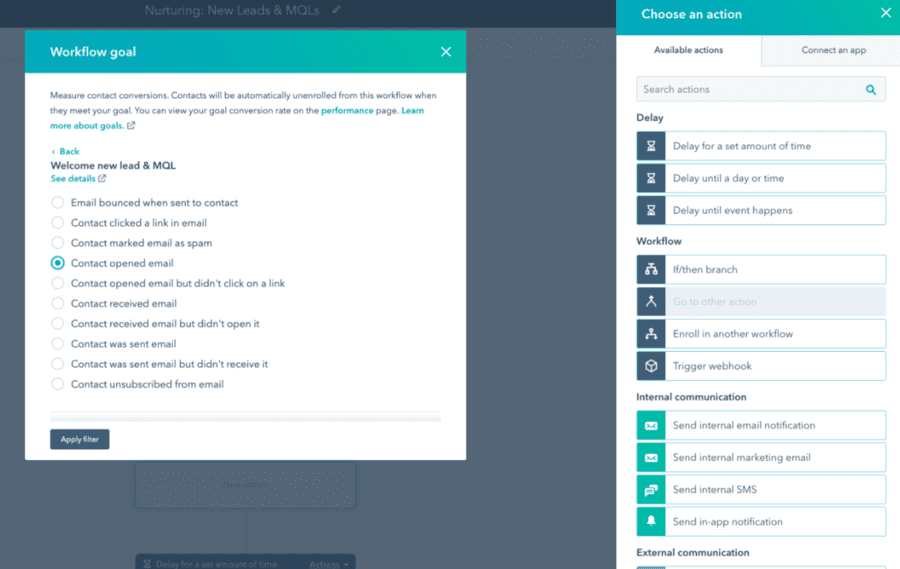 HubSpot CRM’s workflow goal pop-up message with options to manage email contacts for automating email campaigns.