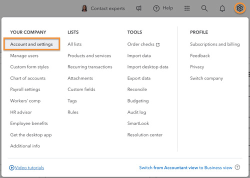 Screen showing how to navigate to Account and settings in QuickBooks Online