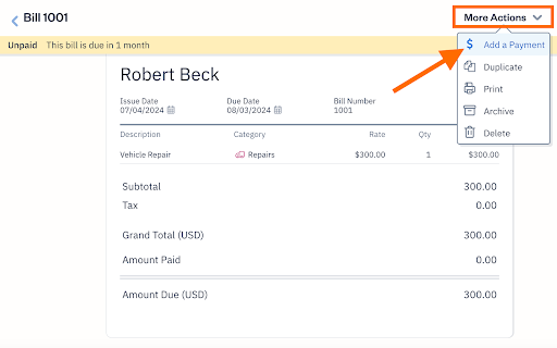 Screen where you can add a payment against a bill in FreshBooks