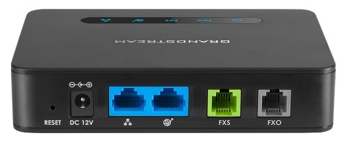 The back side of the Grandstream HT812 showing ports and access points.