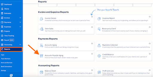 Screen showing how to run an Accounts Payable Aging report in FreshBooks