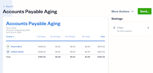Sample accounts payable aging report in FreshBooks showing details like the vendor and outstanding amounts