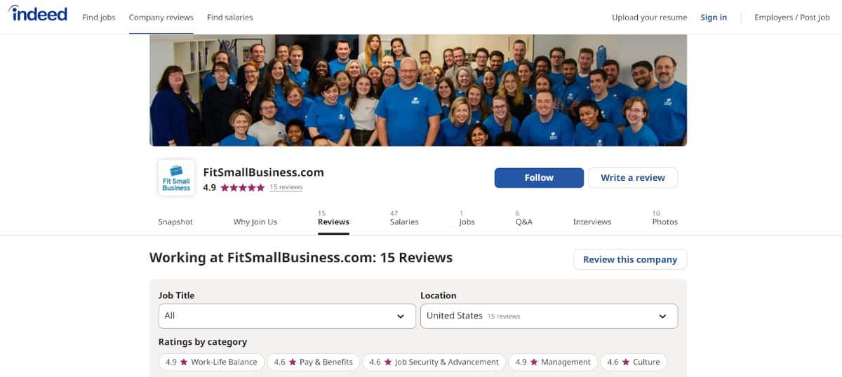 Showing Fit Small Business' Indeed review page.