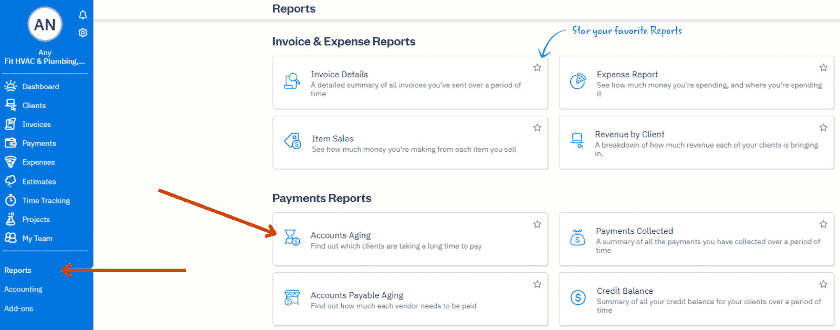 Accessing Reports in FreshBooks.