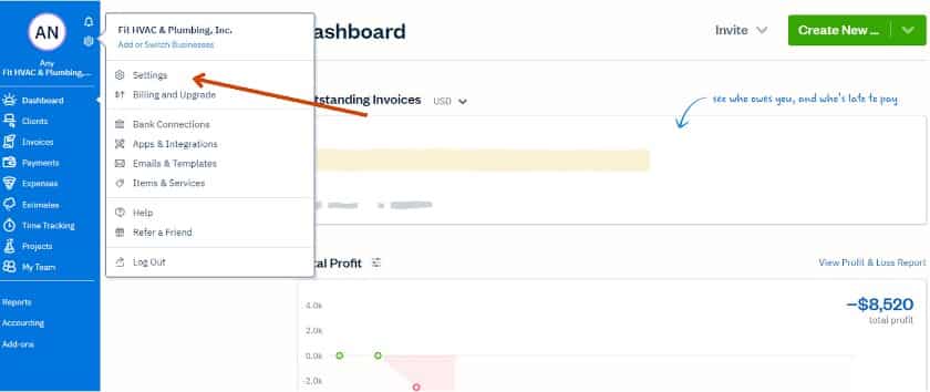 Arrow pointing to Settings from FreshBooks Dashboard.