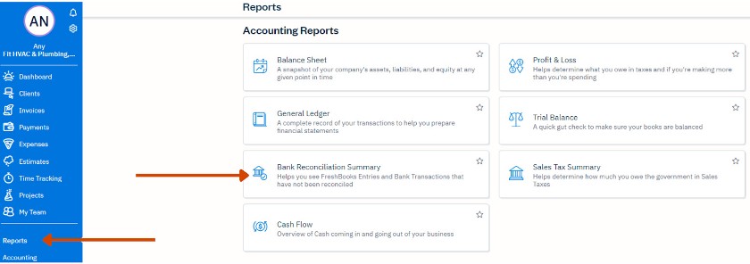 Accessing the Bank Reconciliation Summary in FreshBooks.