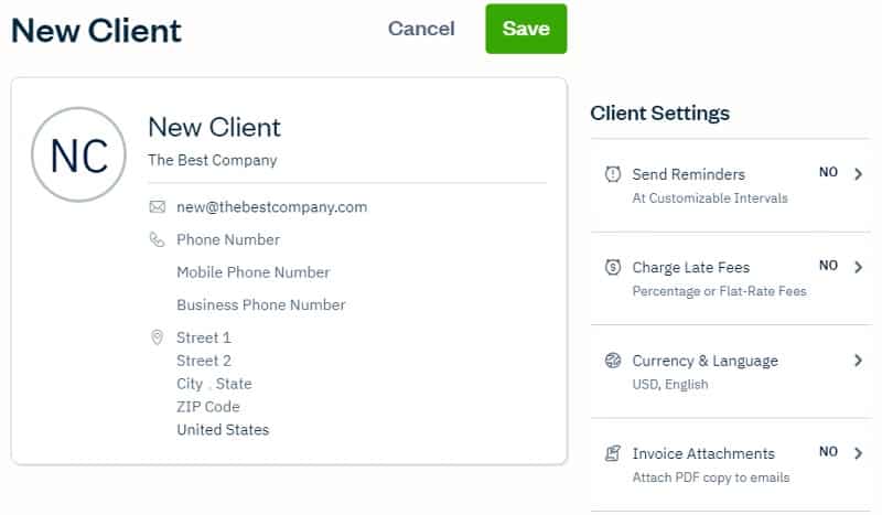 Adding a new client in FreshBooks.