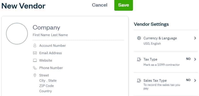Adding a new vendor in FreshBooks.