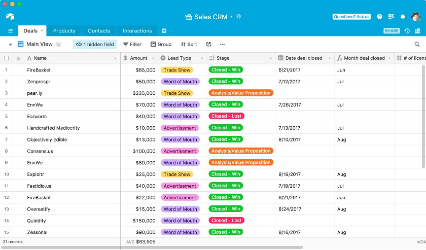 Airtable Sales CRM and list of deals.
