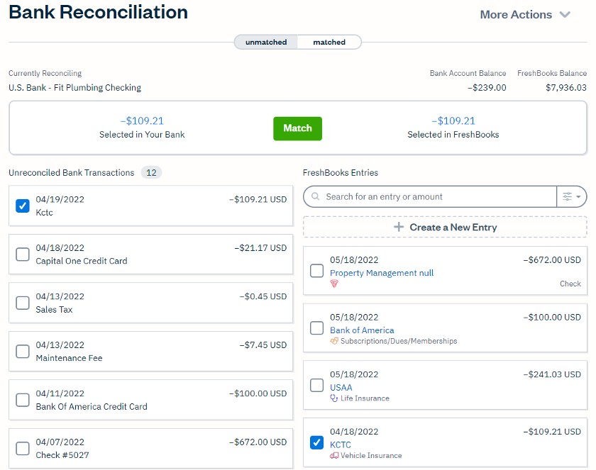 Bank Reconciliation screen in FreshBooks.