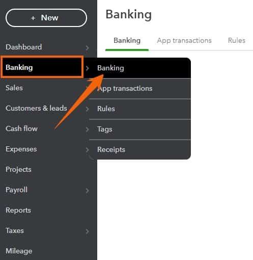 Navigating to Banking Center in QuickBooks Online.