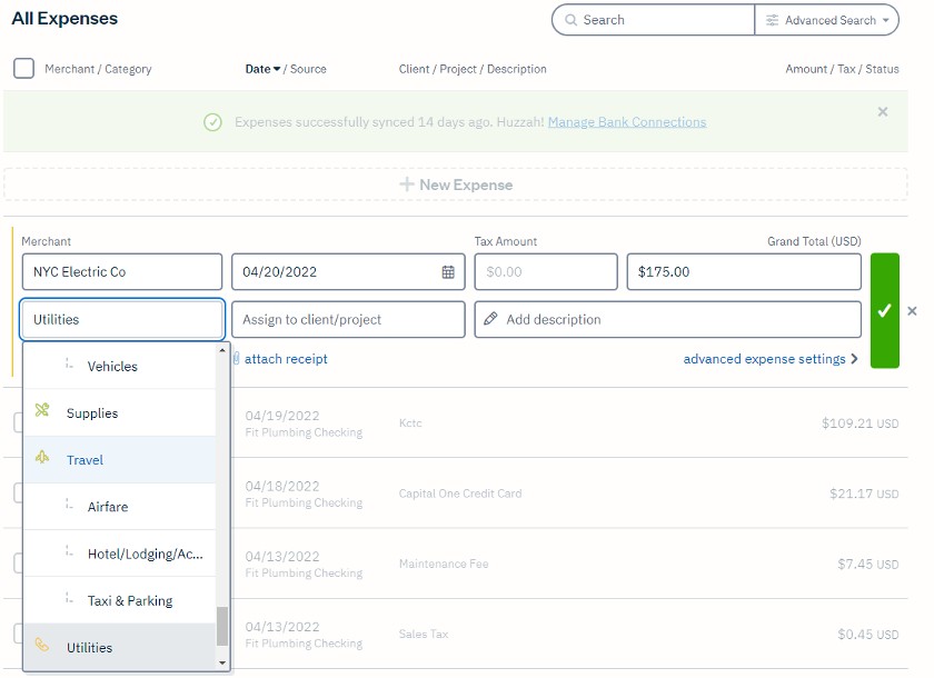 Changing the details of an expense in FreshBooks,