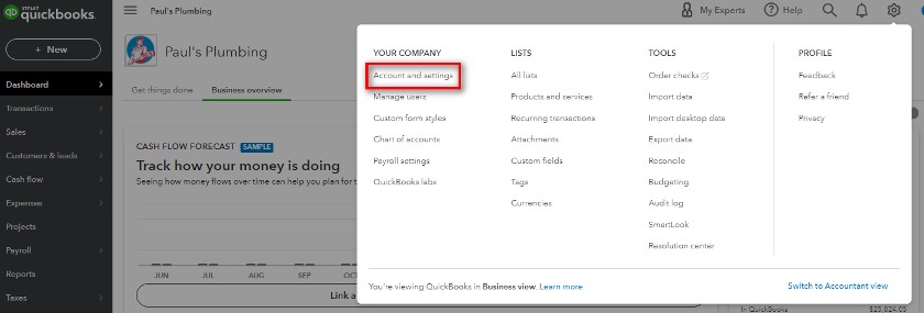 Clicking Account and Settings QuickBooks Online.