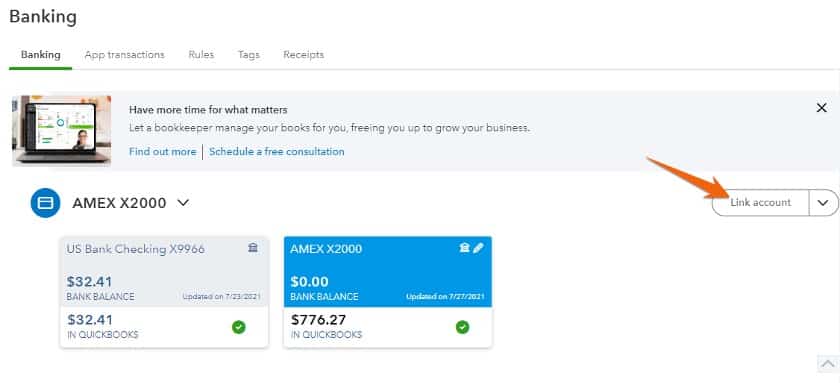 Connecting a bank account to QuickBooks Online.