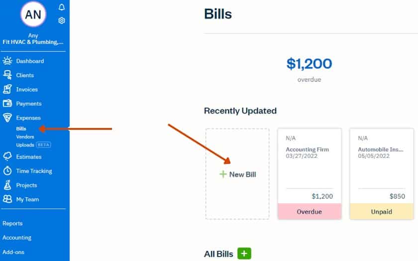 Creating a new bill in FreshBooks.