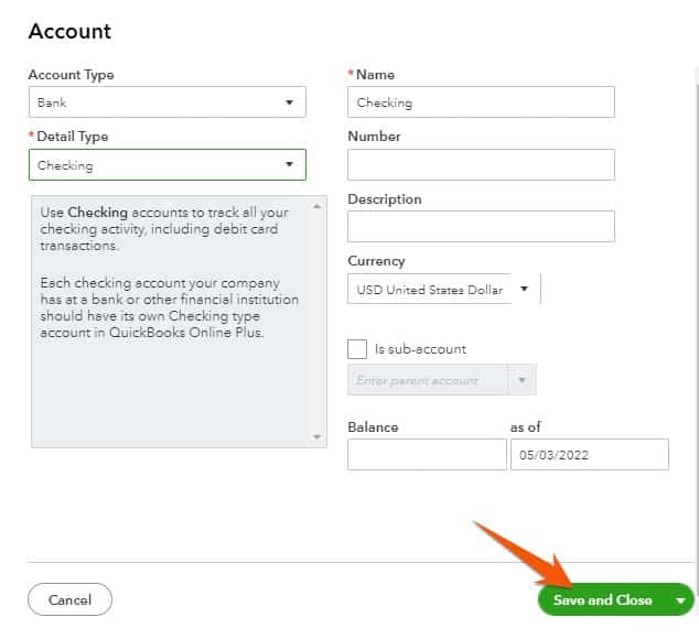 Creating a new checking account in QuickBooks Online.