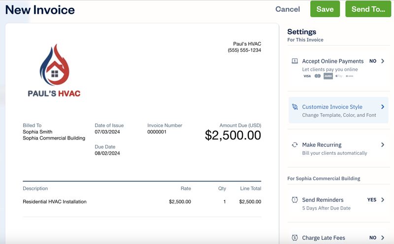 Screen where you can create a new invoice in FreshBooks