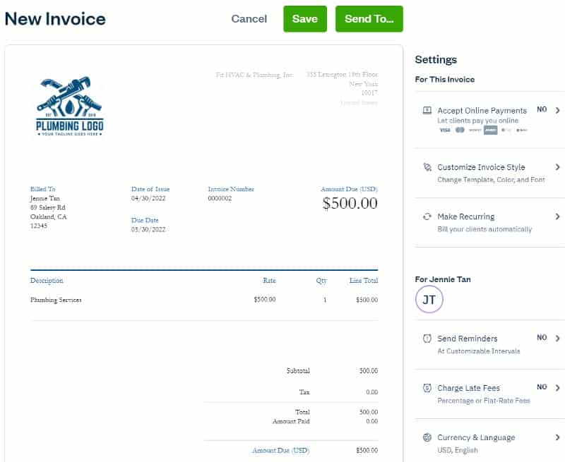 Creating a new invoice in FreshBooks.