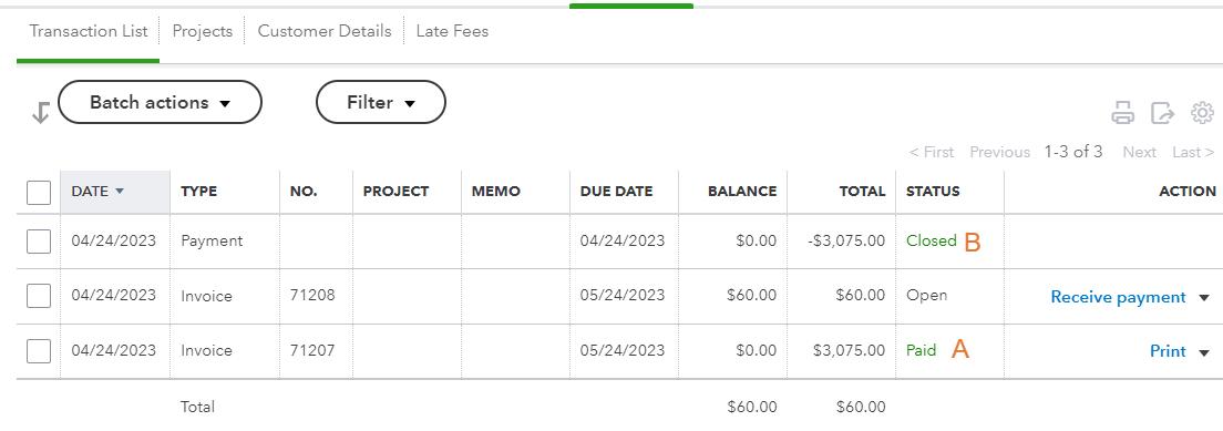 Transaction lists tab in QuickBooks showing all invoices created for and payments received from a specific customer in QuickBooks
