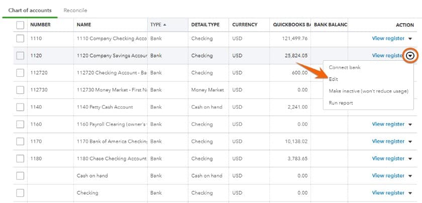 Editing an account in QuickBooks Online.