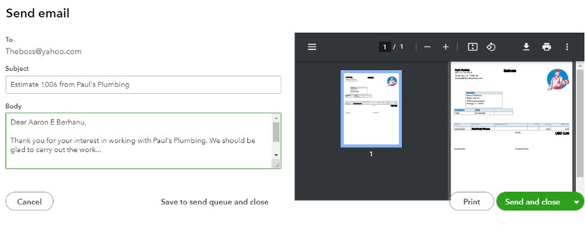 Email template form appears after you click Save and Send.