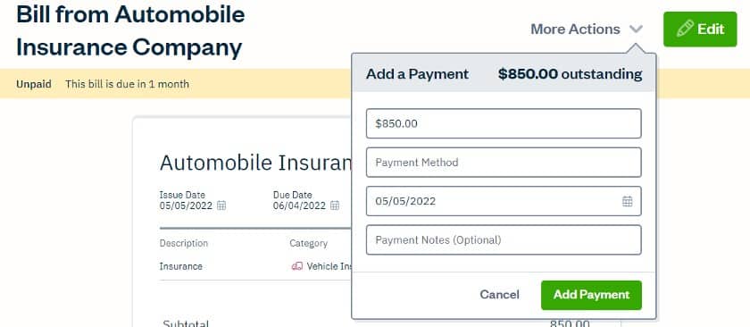 Entering payment info in FreshBooks.