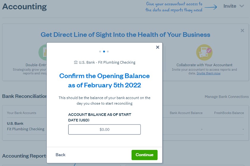 Entering the opening balance in FreshBooks.