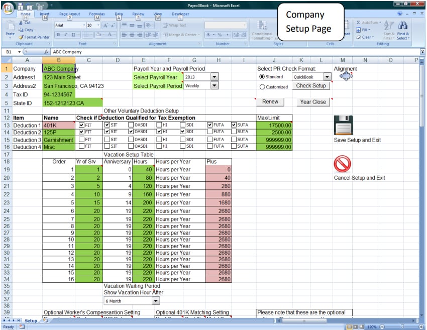 Company setup workbook sample on ExcelPayroll.