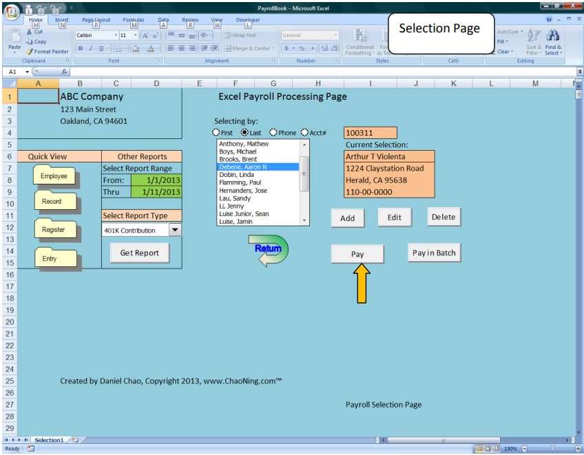 ExcelPayroll processing page sample.