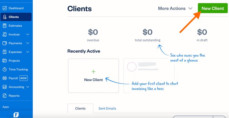 FreshBooks' Clients page highlighting the New client button