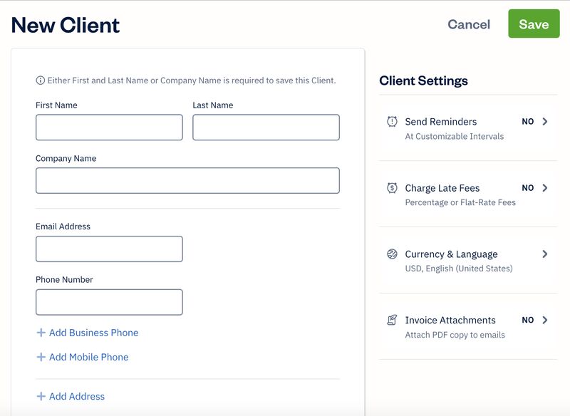 Screen where you can add a new client in FreshBooks.