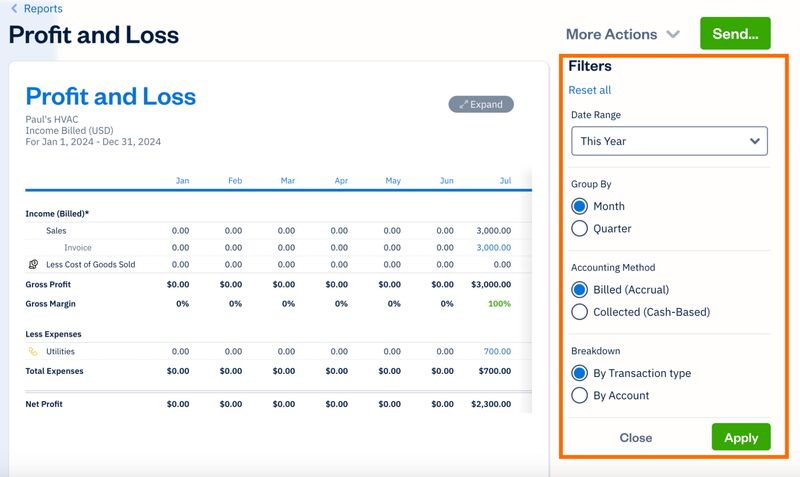 Sample report in FreshBooks highlighting the filters section.