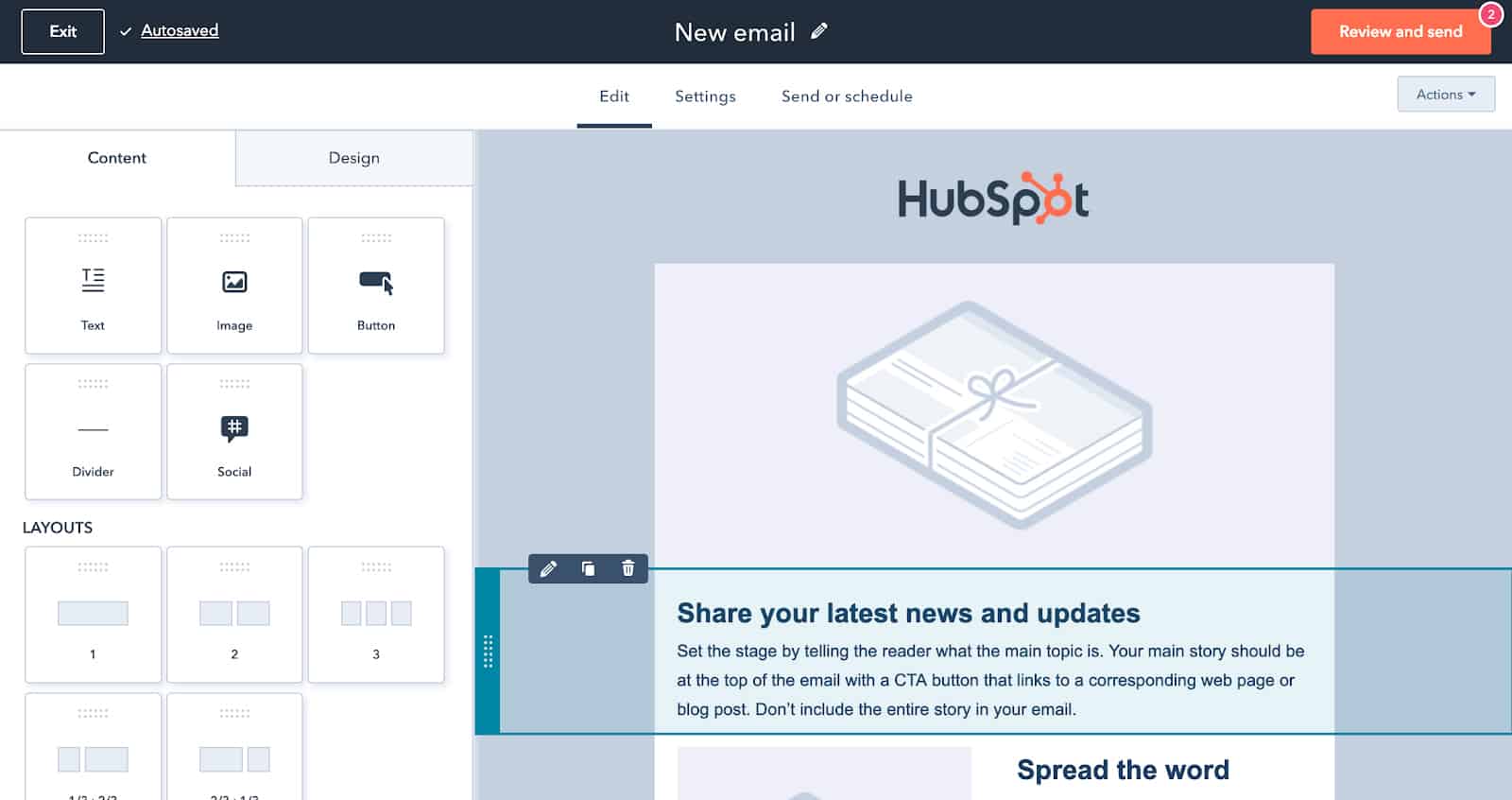 Creating email campaign page on HubSpot CRM.