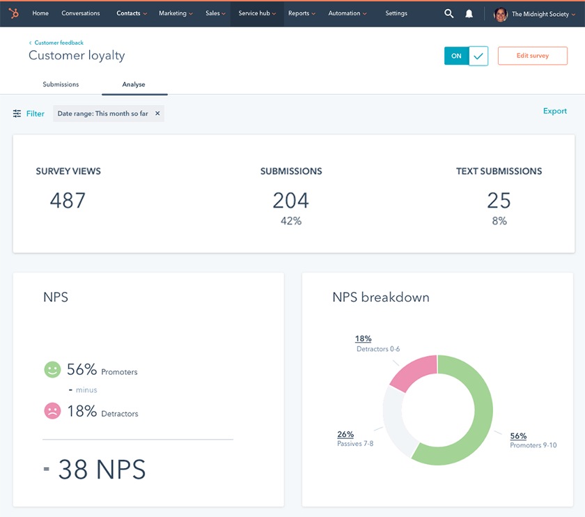 HubSpot Service Hub automatically calculates NPS score