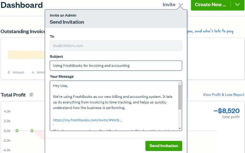 Inviting an Admin to join FreshBooks.