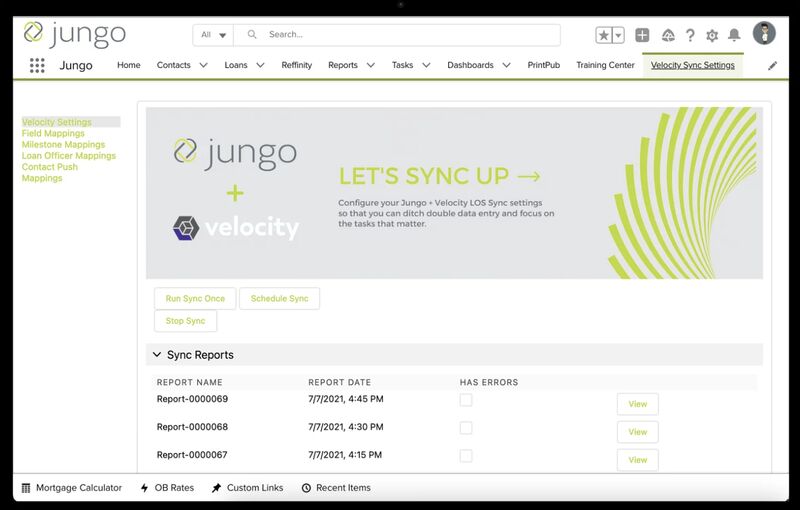 The Jungo interface integrated with Velocity loan origination software (LOS).