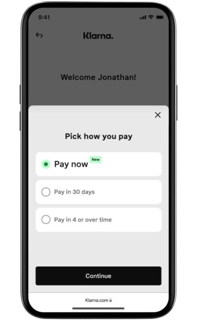 Klarna Pay now in mobile view.