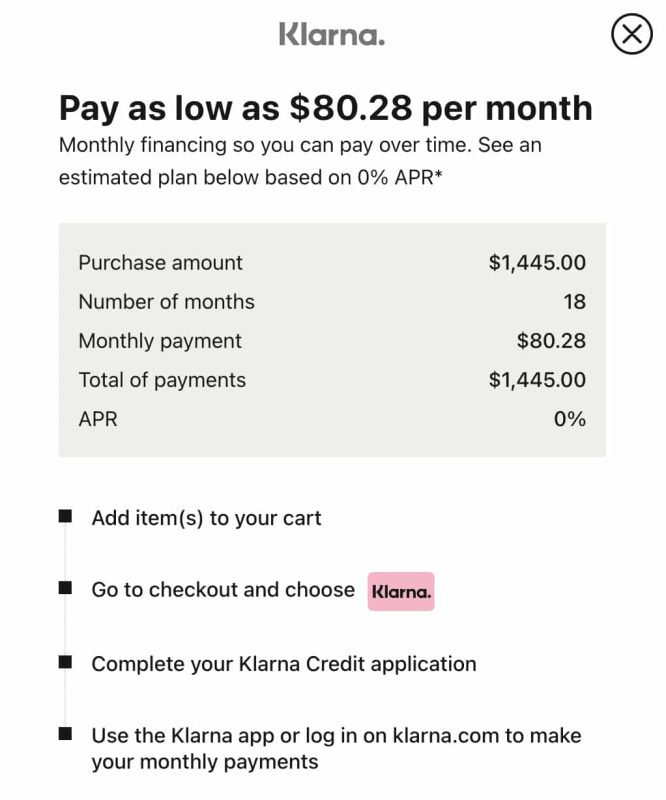 Klarna monthly payment information.