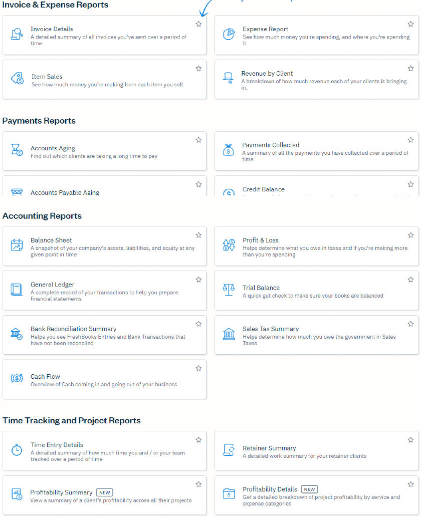 List of available reports you can view in FreshBooks.