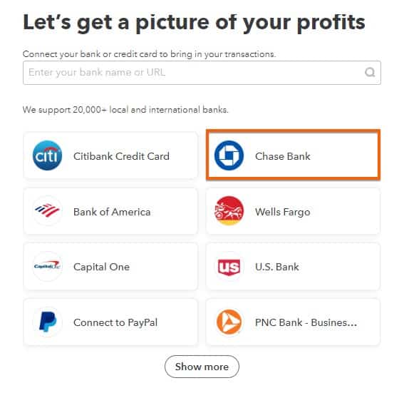List of banks in QuickBooks Online.
