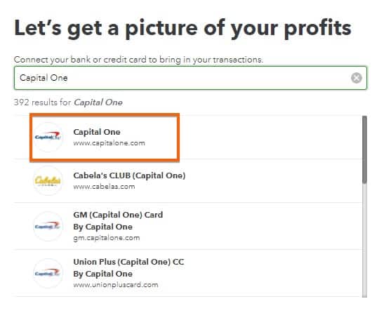 Searching for your credit card company in QuickBooks Online.