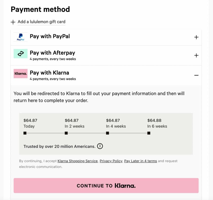 Lululemon payment method with Klarna.