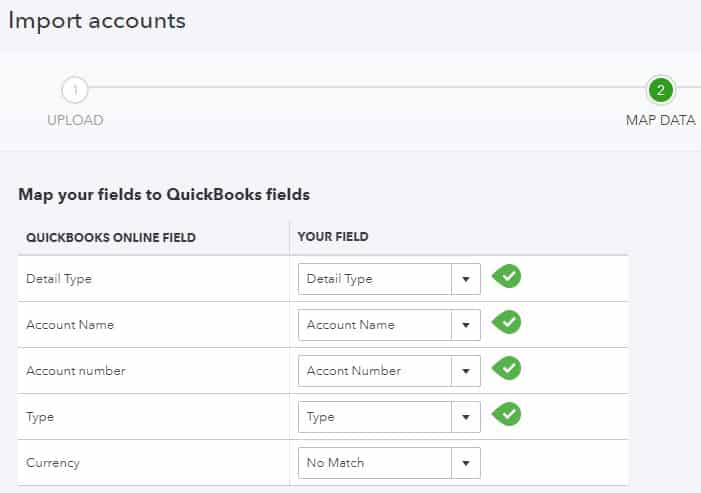 Mapping account data for importing into QuickBooks Online.