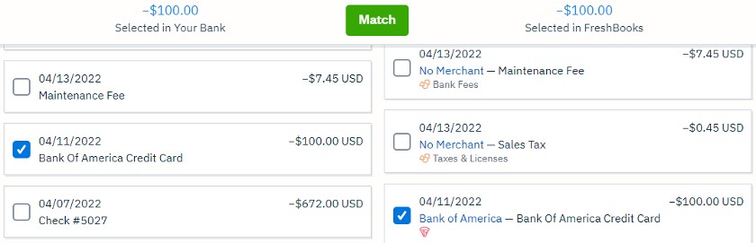 Matching bank transactions in FreshBooks.