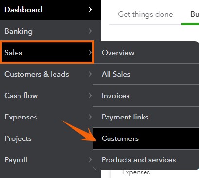 Arrow to Navigate to Customers in QuickBooks Online.