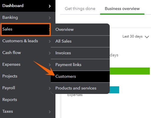Arrow navigating to customer listing in QuickBooks Online.