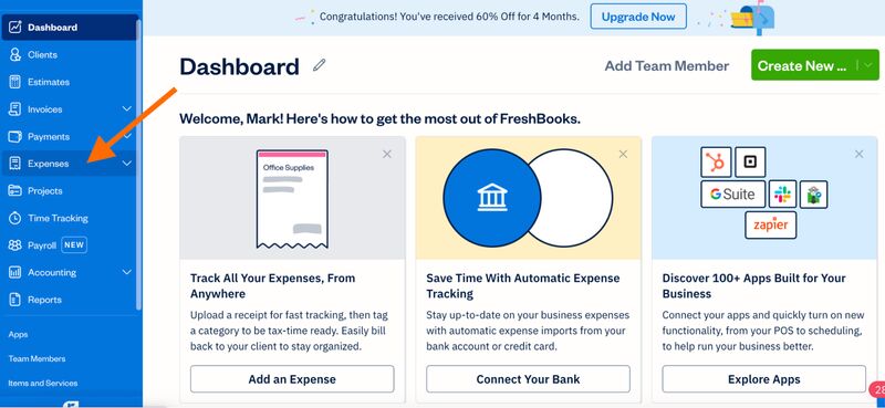 Screen showing how to navigate to the Expenses page in FreshBooks