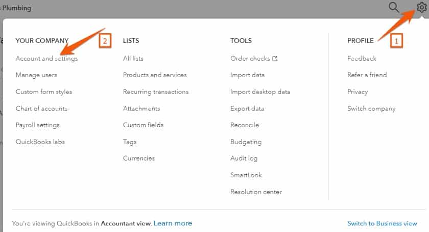 Steps in Navigating to Account and Settings in QuickBooks Online.